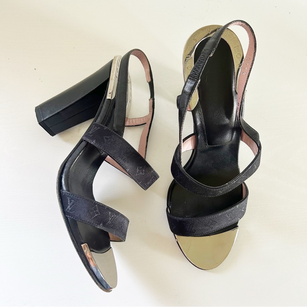 Louis Vuitton Black Monogram Satin Strappy Block Heel Sandals Size EU 38.5